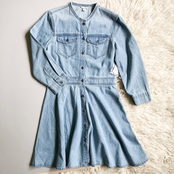 collarless denim dress
